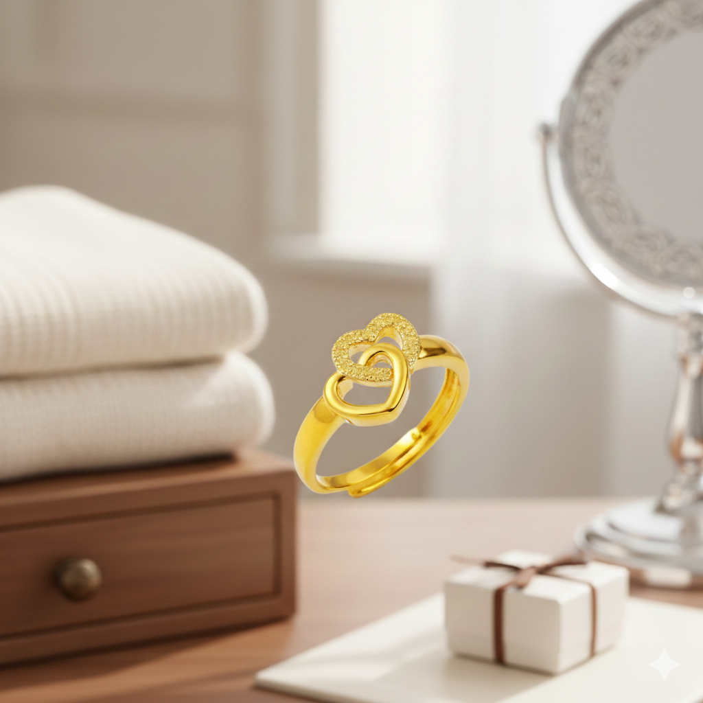 Elegant Gold Double Heart Adjustable Ring